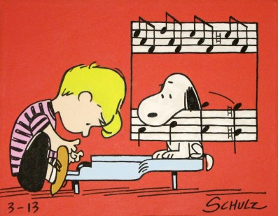 Schroeder studying piano